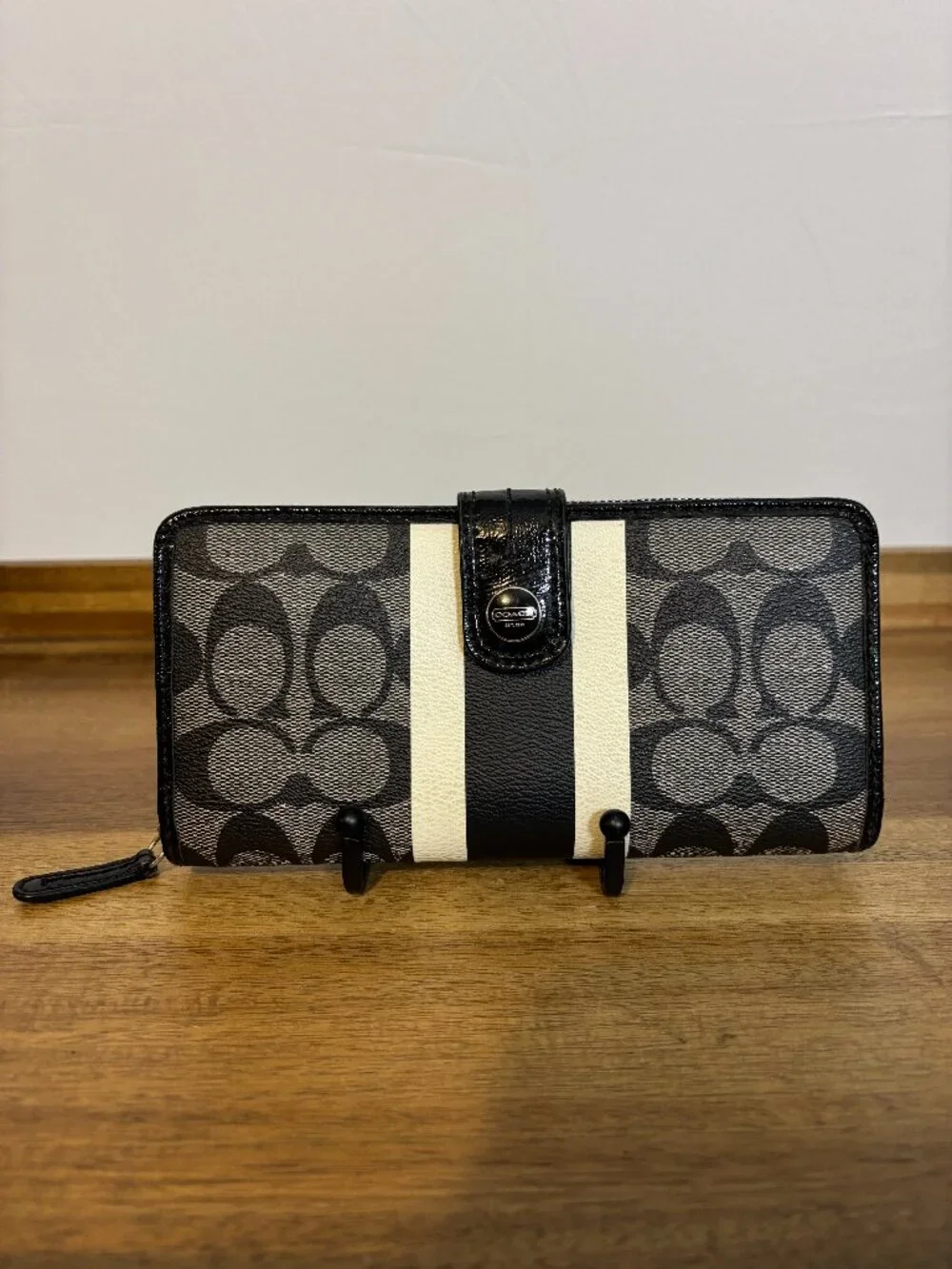 Coach Black Signature White Black Stripe Zip Around Accordion Wallet